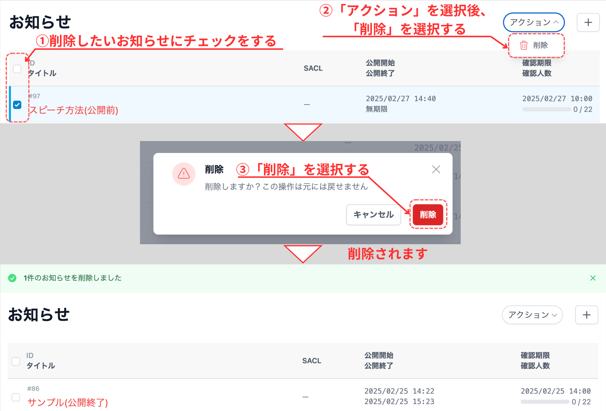 削除しました画面