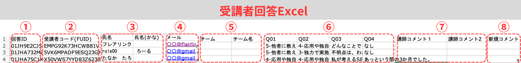 受講者回答エクスポートの画面